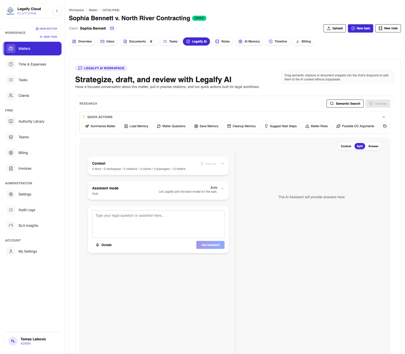 Legalfy Cloud matter intelligence workspace.